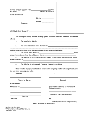 Florida Statement of Claim for Probate