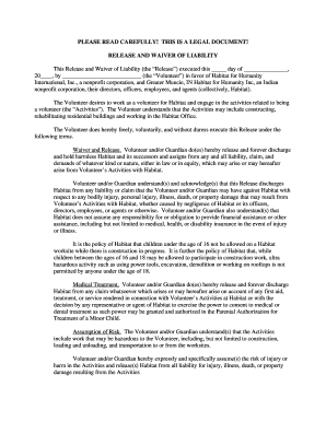 Release and Waiver of Liability for Habitat for Humanity