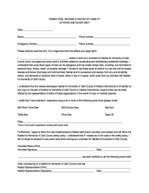 Power Tool Release & Waiver of Liability