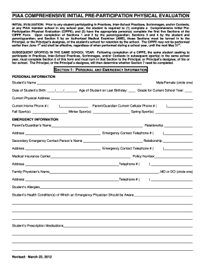 PIAA Comprehensive Initial Pre-Participation Physical Evaluation