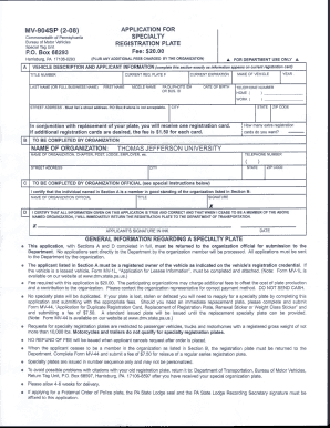 Pennsylvania Specialty Vehicle Plate Application