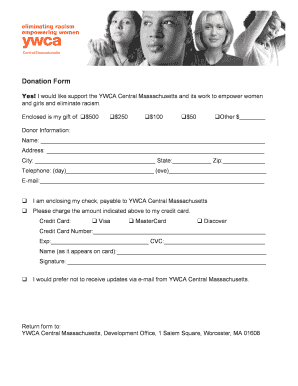 Donation Form for YWCA Central Massachusetts