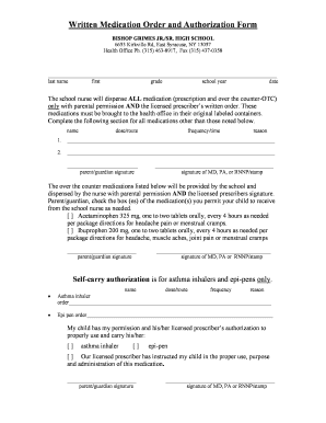 Written Medication Order and Authorization Form