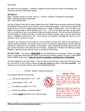 Custody letter template - Dear Parents information about the Confirmation Retreat