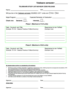 Telebears Study List Form