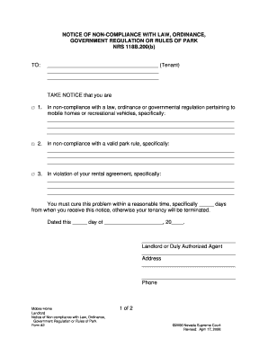 Notice of Non-Compliance with Law or Park Rules