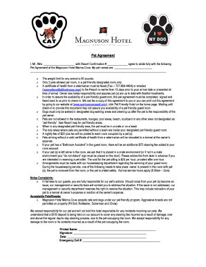 Pet Agreement for Magnuson Hotel Marina Cove