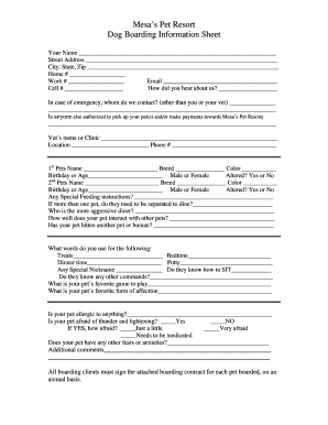 Mesa's Pet Resort Boarding Contract