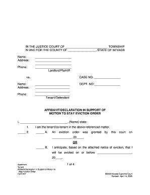 Tenant Affidavit/Declaration in Support of Motion to Stay Eviction Order