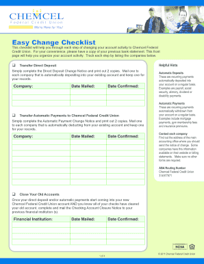 Chemcel Federal Credit Union Account Transfer Checklist