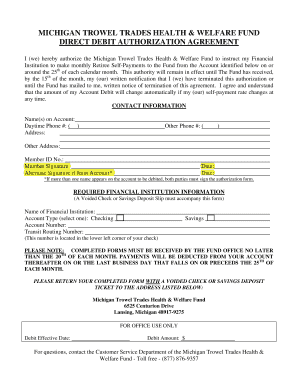Michigan Trowel Trades Health & Welfare Fund Direct Debit Authorization