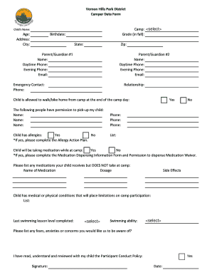 Vernon Hills Park District Camper Data Form