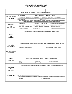fillable online vhparkdistrict vernon hills park district employee employee discipline report
