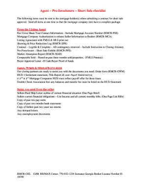 Agent Pre-foreclosure Short Sale checklist