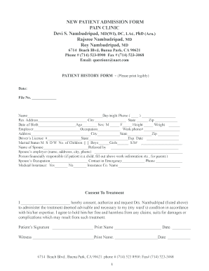 Pain Clinic New Patient Admission Form