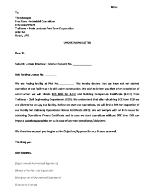 Undertaking Letter for License Renewal