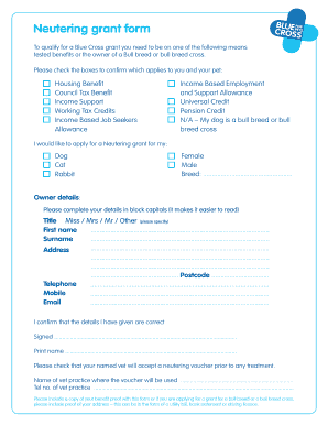 Blue Cross Neutering Grant Form