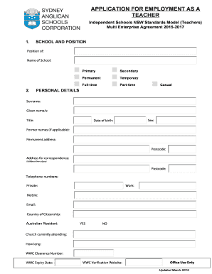 Teacher Employment Application Form
