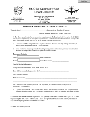 Field Trip Permission and Medical Release Form