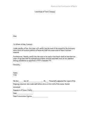 Flammability Certification Affidavit