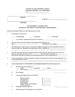 Garnishment Answer and Affidavit for Continuing Garnishment