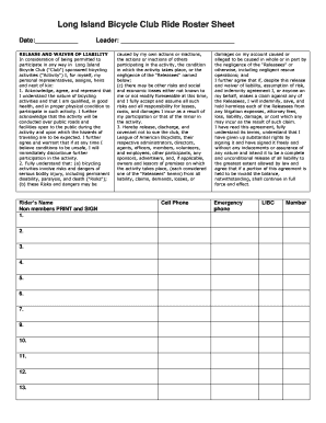 Long Island Bicycle Club Ride Roster and Waiver