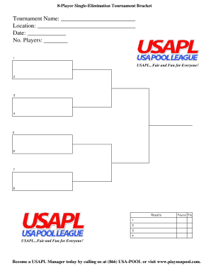 8Player SingleElimination Tournament Bracket Tournament Name: 8 Tournament Name: Player Single Elimination Location: Director: Date: Tournament Chart Date: Players: Entry: Total Purse: No