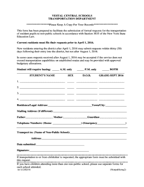 New York Non-Public School Transportation Request Form