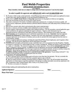Paul Webb Properties Rental Application and Policy