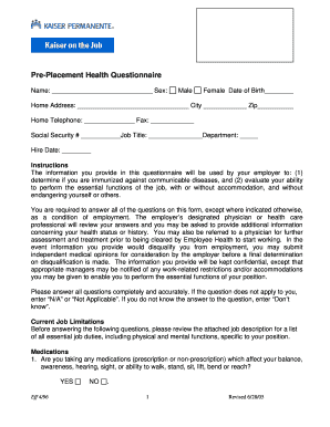 Pre-Placement Health Questionnaire