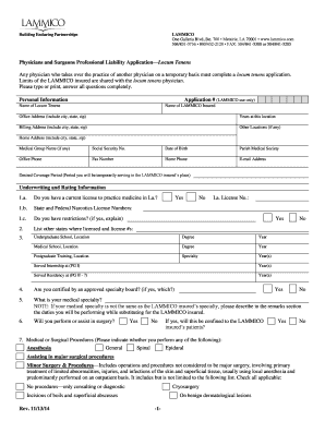 Physicians and Surgeons Professional Liability Application—Locum Tenens