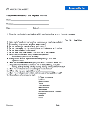 Supplemental History Lead Exposed Workers Form