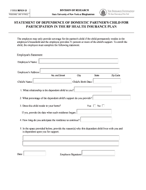 Statement of Dependence of Domestic Partner's Child for Insurance