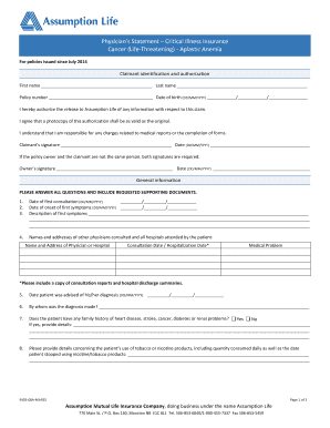 Physician's Statement - Critical Illness Insurance Claim