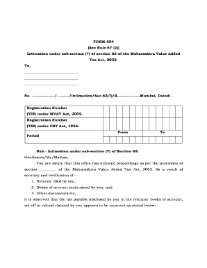 Maharashtra VAT Tax Intimation Form 604