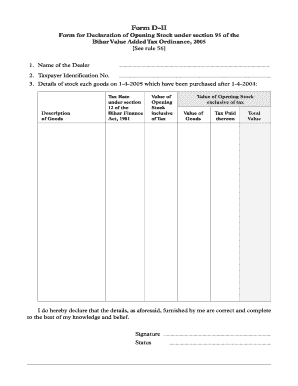 Bihar VAT Opening Stock Declaration Form