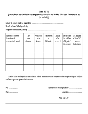 Bihar VAT Quarterly Return Form RT-VII