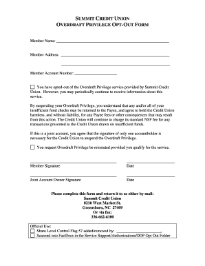 Summit Credit Union Overdraft Privilege Opt-Out Form