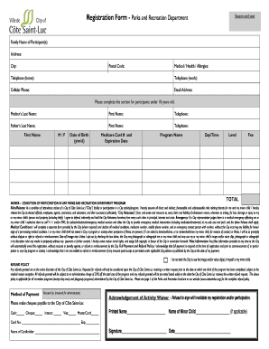 Parks and Recreation Department Registration Form