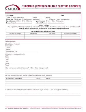 Thrombus Hypercoagulable Clotting Disorder Form