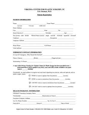 Virginia Plastic Surgery Patient Registration Form