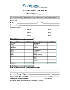 SERVICE UNIT FINANCIAL REPORT Membership Year - girlscoutsjs