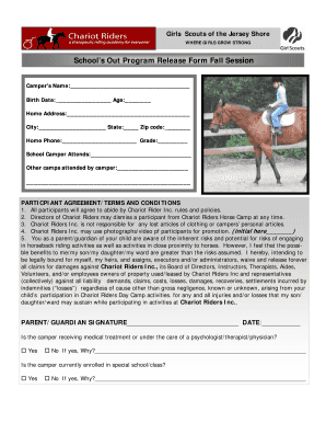 Girls Scouts of the Jersey Shore School's Out Program Release Form