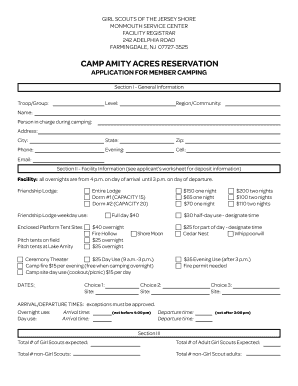 Girl Scouts Camp Amity Acres Reservation Application