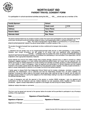 North East ISD Parent Travel Consent Form