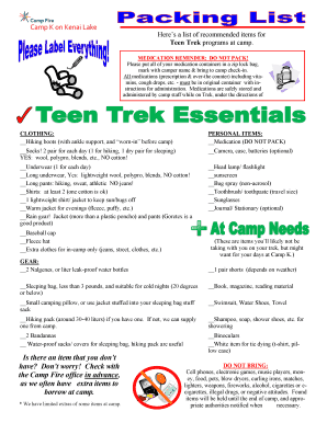 Teen Trek Camp Packing List