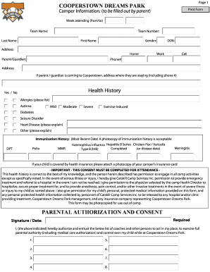 Cooperstown Dreams Park Camper Health Form