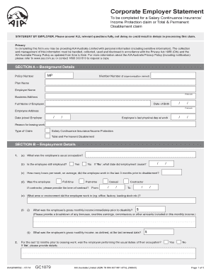 Corporate Employer Statement for Income Protection Claim