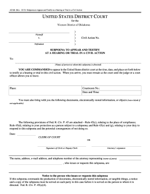 US Federal Subpoena to Appear and Testify