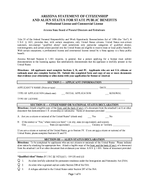 Arizona Statement of Citizenship and Alien Status for State Public Benefits
